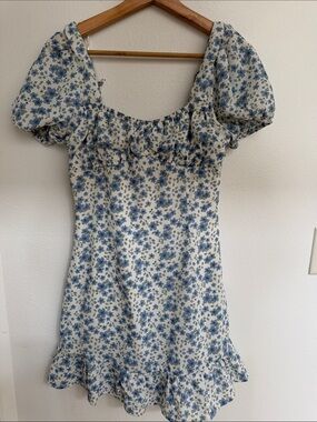 Lush White Mini Dress with Blue Floral Print